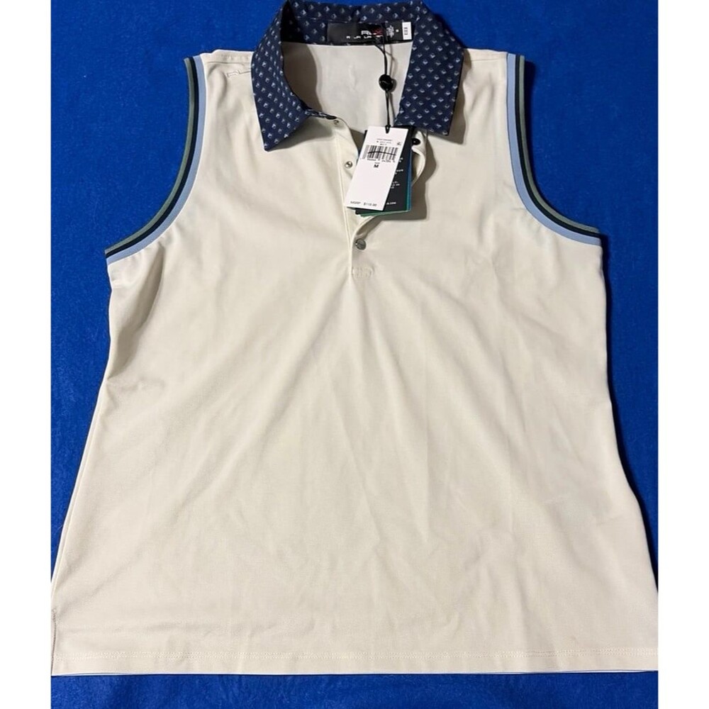 RLX Ralph Lauren Women’s Golf Sleeveless Polo Shirt White Blue Trim NWT M